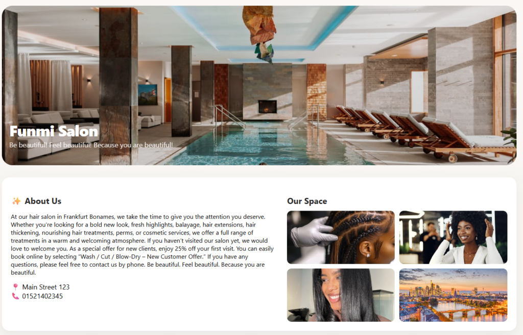 booking page showing image and about us section